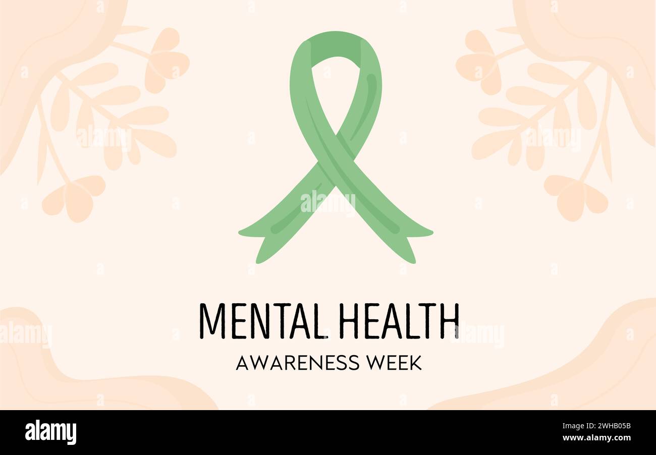 Mental Health Awareness Month o Week in May modello banner orizzontale su sfondo con fiori. Nastro verde simbolo internazionale per l'illne mentale Illustrazione Vettoriale
