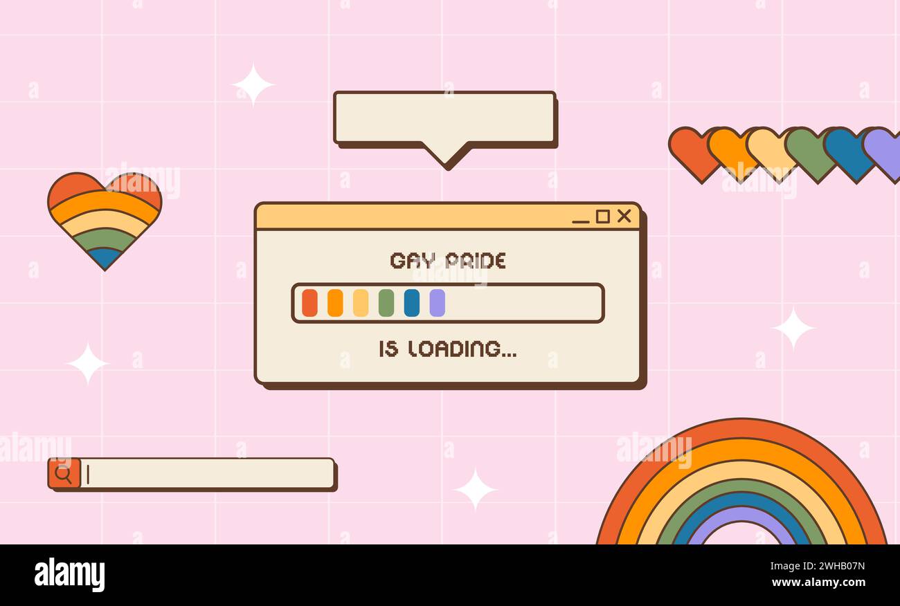 Striscione orizzontale retro-Wave per LGBTQ Pride Month. Gay Pride sta caricando la finestra di dialogo del vecchio computer, i colori dell'arcobaleno e delle bandiere LGBT. Modello poster W Illustrazione Vettoriale