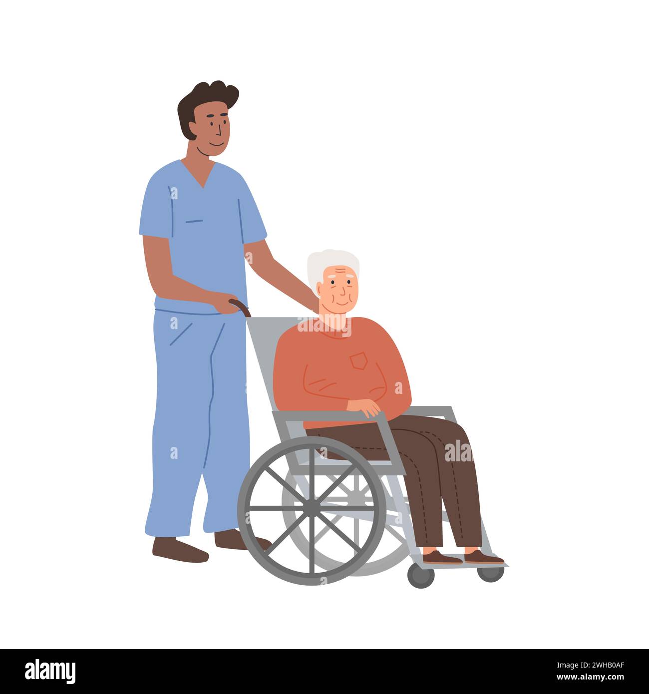 Infermiere o medici diversi che si prendono cura di anziani su sedia a rotelle. Concetto di casa di riposo. Vita assistita. Struttura di assistenza residenziale. Persona anziana con Illustrazione Vettoriale