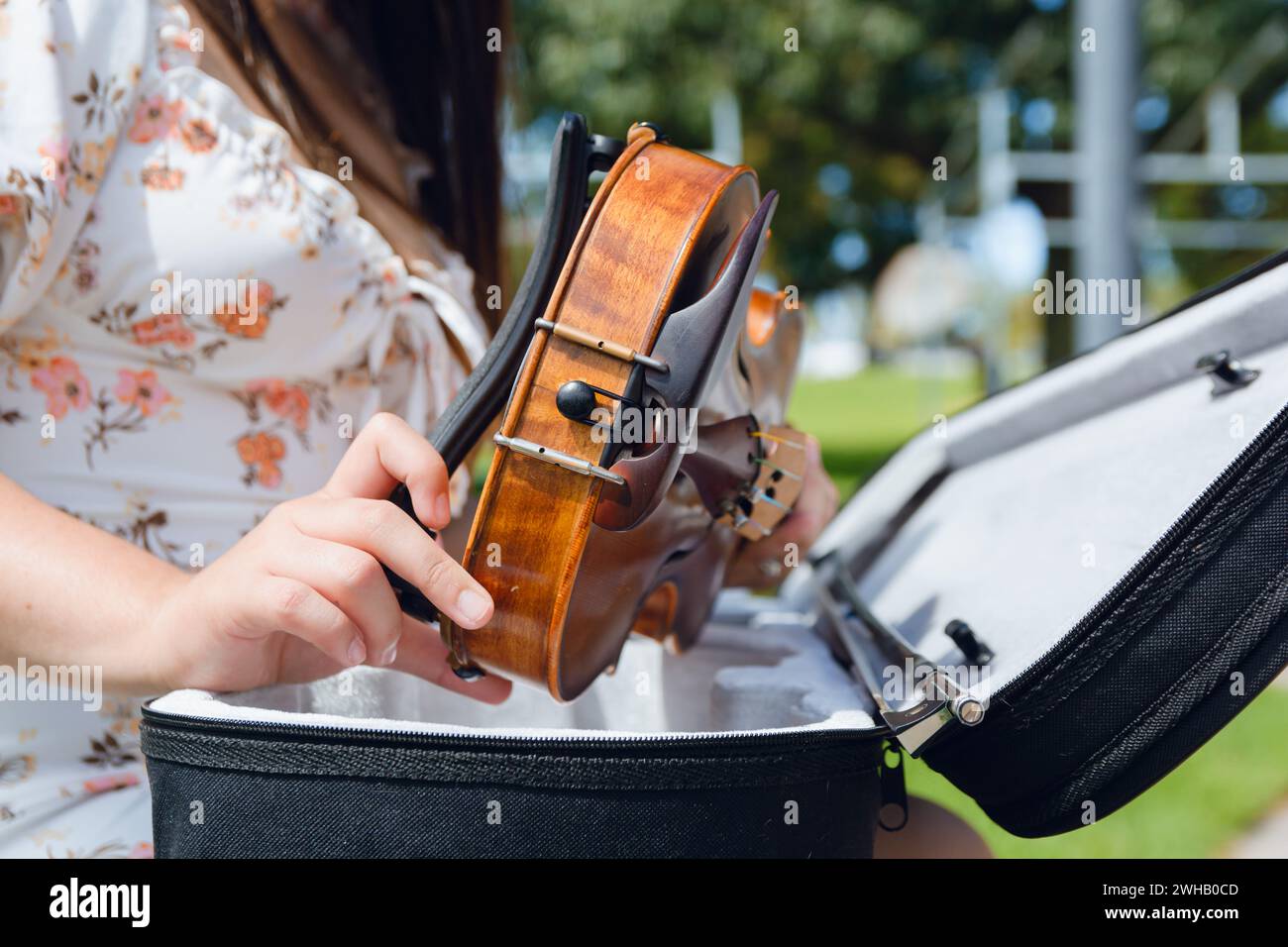 Primo piano di un'artista caucasica irriconoscibile seduta all'aperto nel parco tenendo il violino con le mani fuori dal caso, preparandosi a suonare. Foto Stock