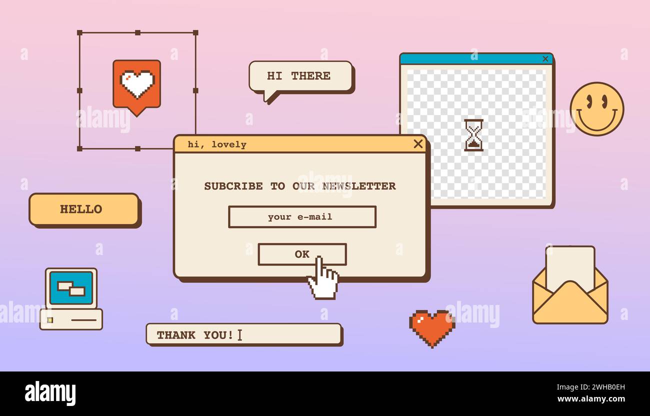 Sfondo estetico vintage astratto per la campagna e-mail newsletter. Modello desktop vaporwave con finestra di dialogo dell'interfaccia utente di un vecchio computer di 80s 90s Illustrazione Vettoriale