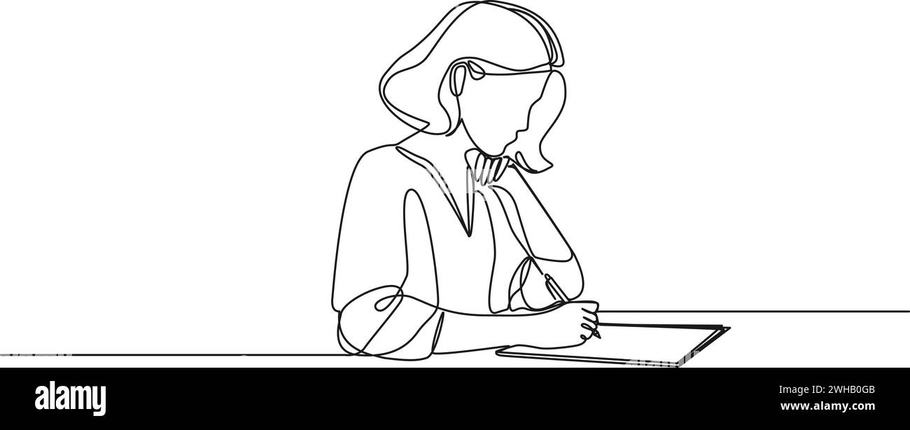 disegno continuo a linea singola di donna che prende appunti su carta, illustrazione vettoriale line art Illustrazione Vettoriale