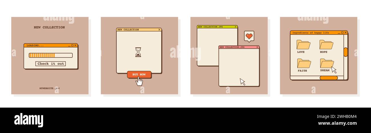 Post sui social media nel design nostalgico della vecchia scuola. Sfondi dall'estetica retrò anni '80 anni '90, sfondi vintage con vecchia interfaccia utente del computer. Set di Illustrazione Vettoriale
