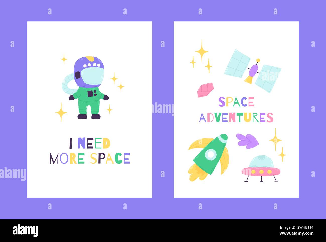 Poster spaziale con personaggi carini in stile cartoni animati disegnati a mano con caratteri di citazione. Illustrazione vettoriale Illustrazione Vettoriale