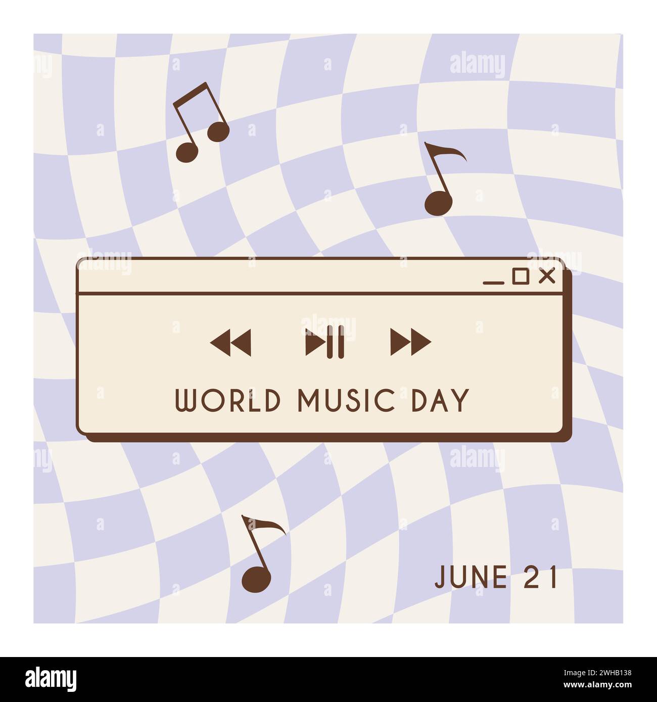 Tessera quadrata in stile retrò per la giornata mondiale della musica, banner. Dispositivi musicali vintage, dischi in vinile e cassette. Un vecchio vettore nostalgico Illustrazione Vettoriale