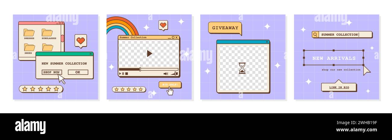 Set di modelli di post vaporwave ig per i social media. Sfondi estetici rusi retrò astratti anni '80 anni '90 con interfaccia utente e dialoghi di vecchio computer Illustrazione Vettoriale