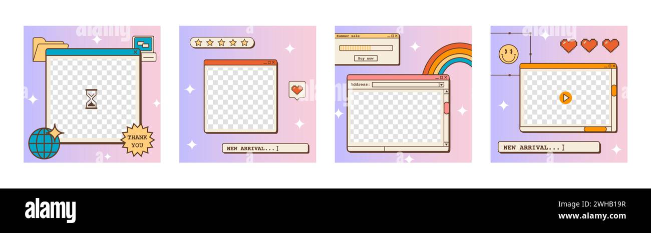 Set di post o modelli di storie lineari Vaporwave ig per i social media. Sfondi estetici rusi anni '80 anni '90 con un vecchio utente di computer Illustrazione Vettoriale