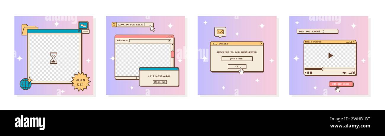 Set di modelli di post lofi retrò futuristici vaporwave per i social media. sfondi quadrati estetici anni '80, anni '90, con vecchia interfaccia utente del computer, dialoghi Illustrazione Vettoriale