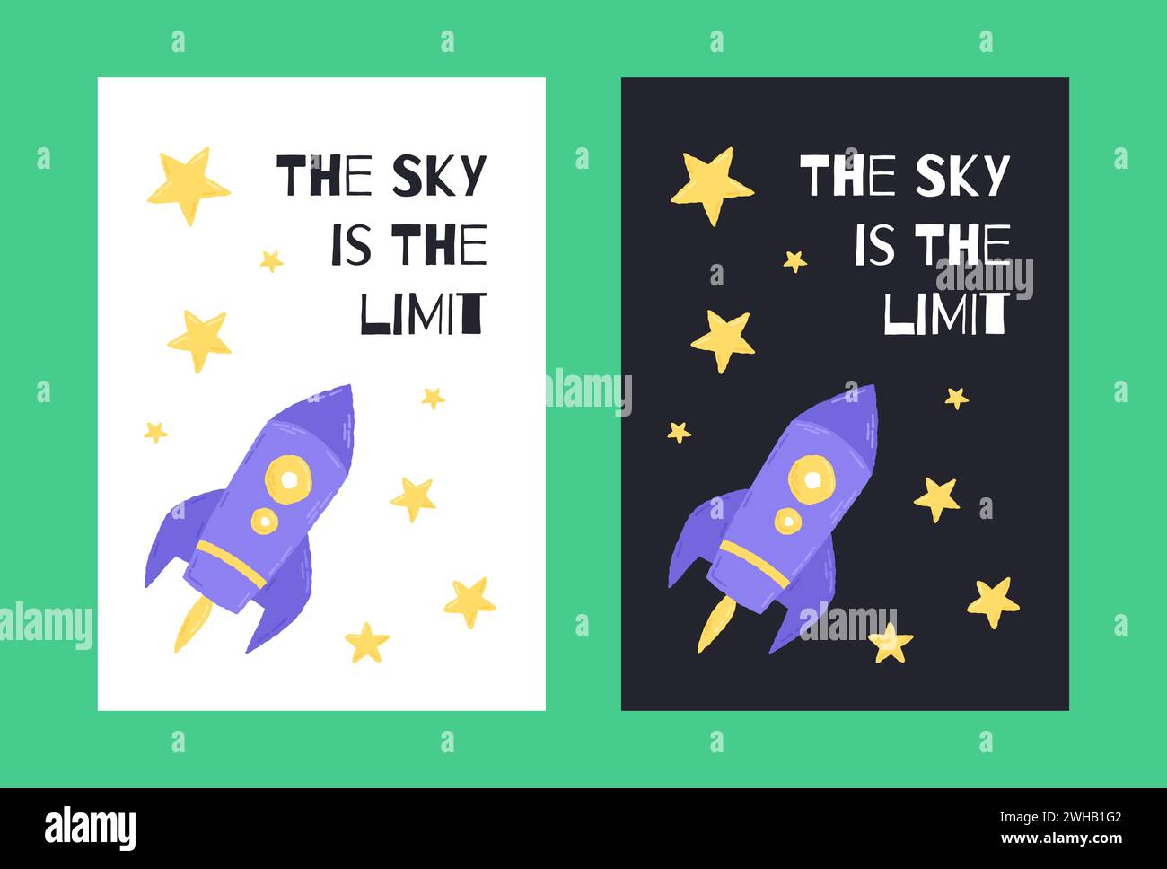 Poster spaziale con un simpatico razzo nel cartoni animati disegnati a mano con citazioni letternig. Illustrazione vettoriale Illustrazione Vettoriale