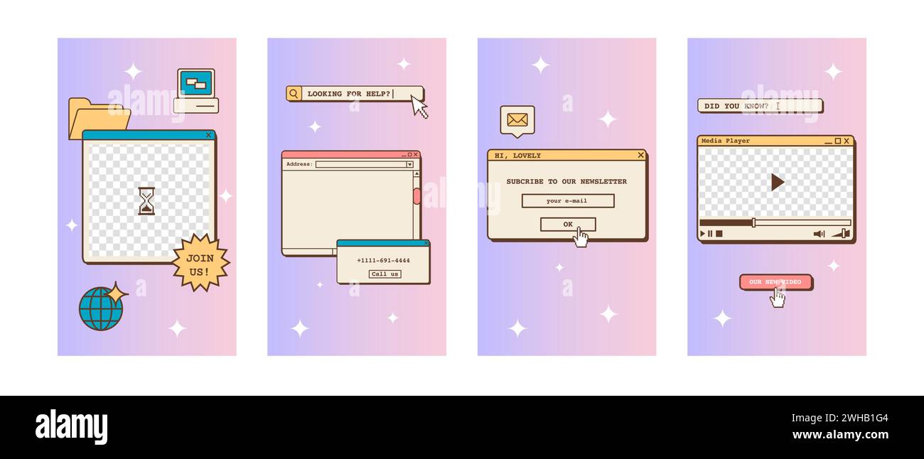 Modelli di storia di ig sui social media nel design nostalgico della vecchia scuola con elementi di interfaccia per computer. Sfondi estetici retrò anni '80 anni '90. Set di vintage Illustrazione Vettoriale