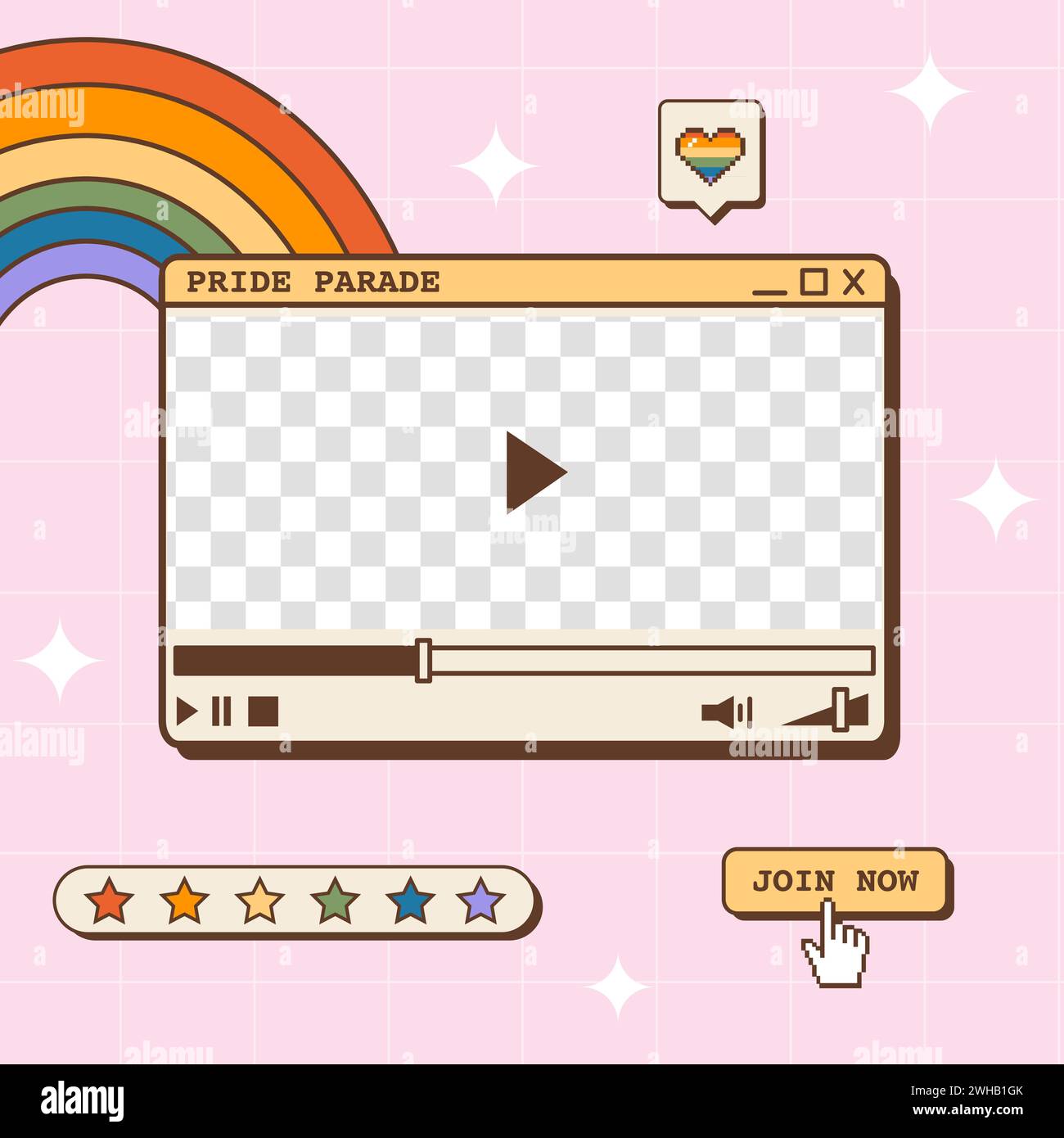 Vaporwave post retro social media per LGBTQ Pride Month. Striscione quadrato estetico anni '80 anni '90 Y2K. Modello di biglietto d'auguri della coda con il vecchio video del computer Illustrazione Vettoriale