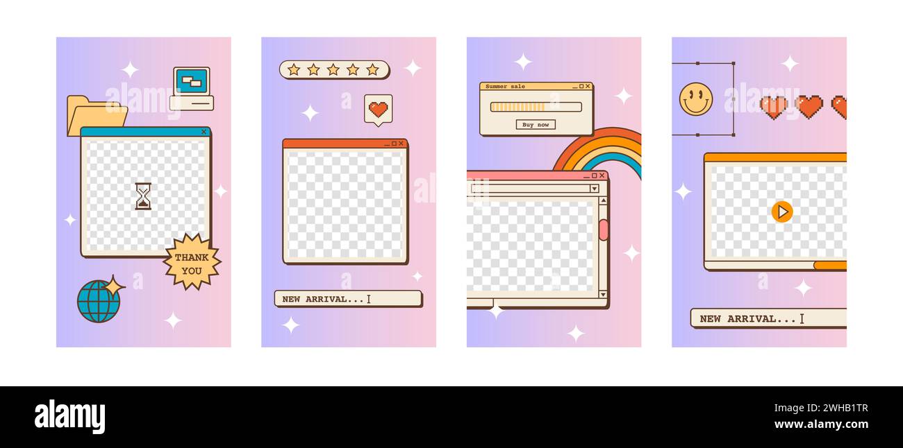 Set di modelli di post o storie per i social media in stile vaporwave. Sfondi estetici rusi anni '80 anni '90 con un vecchio utente di computer Illustrazione Vettoriale