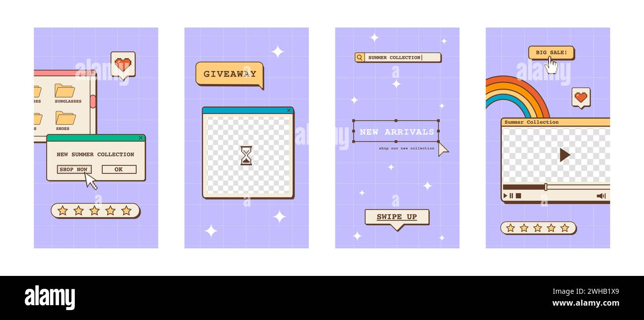 Set di post o modelli di storie lineari Vaporwave ig per i social media. Sfondi estetici rusi anni '80 anni '90 con un vecchio utente di computer Illustrazione Vettoriale
