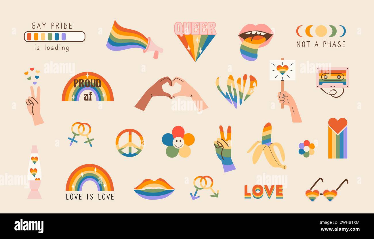 Set vettoriale di simboli della comunità LGBTQ con bandiere d'orgoglio, segni di genere, elementi retrò color arcobaleno. Adesivi del mese dell'orgoglio. Gay Parade Groy Illustrazione Vettoriale