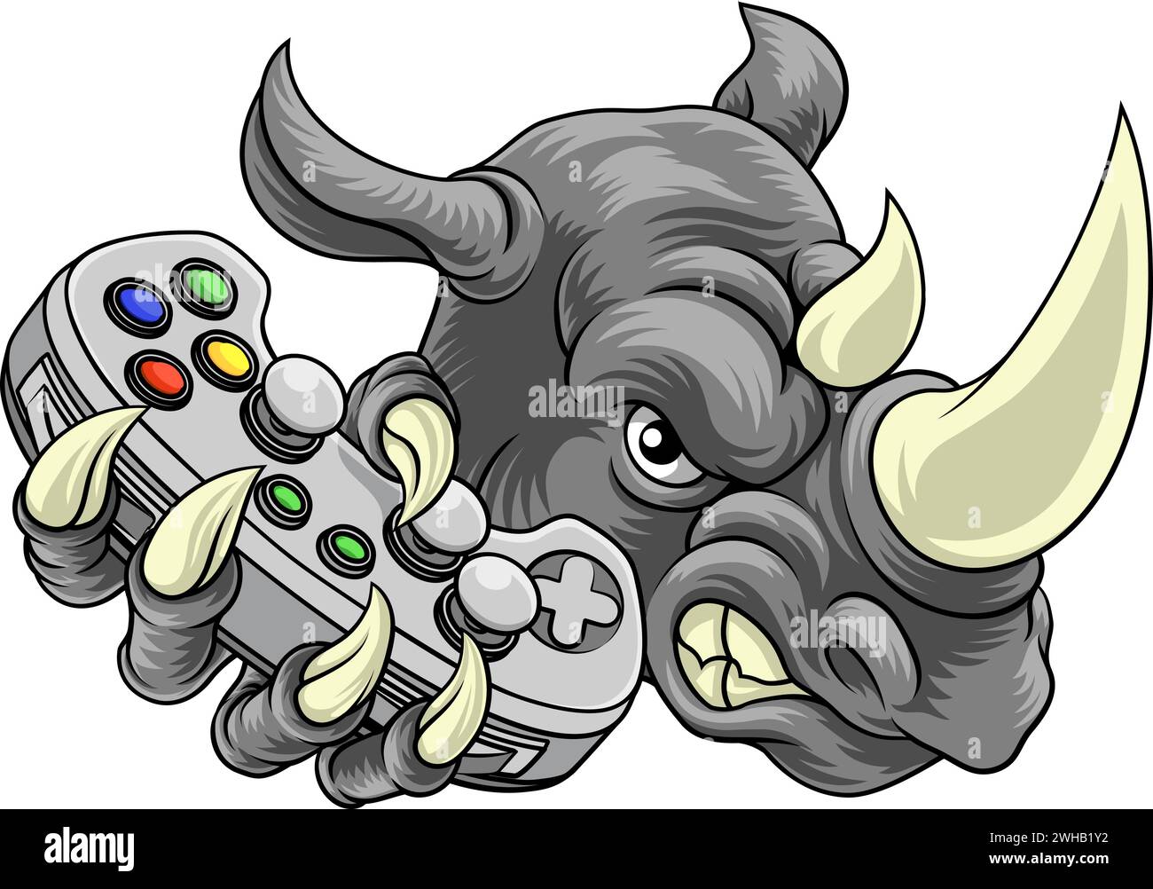 Rhino Rhinoceros Gamer Gaming Cartoon Mascot Illustrazione Vettoriale