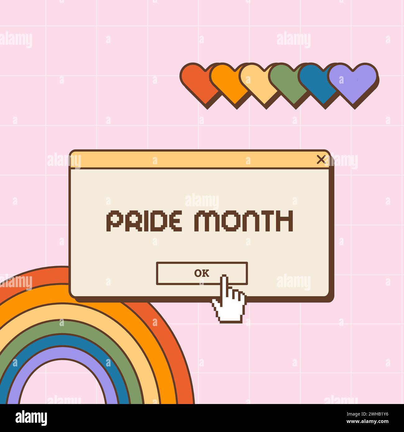 Post sui social media nel design nostalgico della vecchia scuola per LGBTQ Pride Month. Sfondo estetico retrò anni '80 anni '90 con arcobaleno e cuori. Poster queer o. Illustrazione Vettoriale
