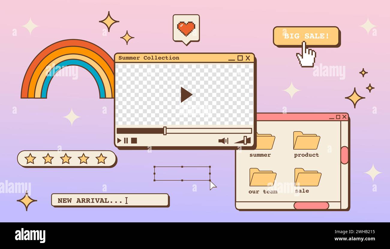 Modello di sfondo per desktop Vaporwave per pubblicità in vendita. Sfondo estetico vintage astratto. finestra di dialogo dell'interfaccia utente del vecchio computer 80s 90s Illustrazione Vettoriale
