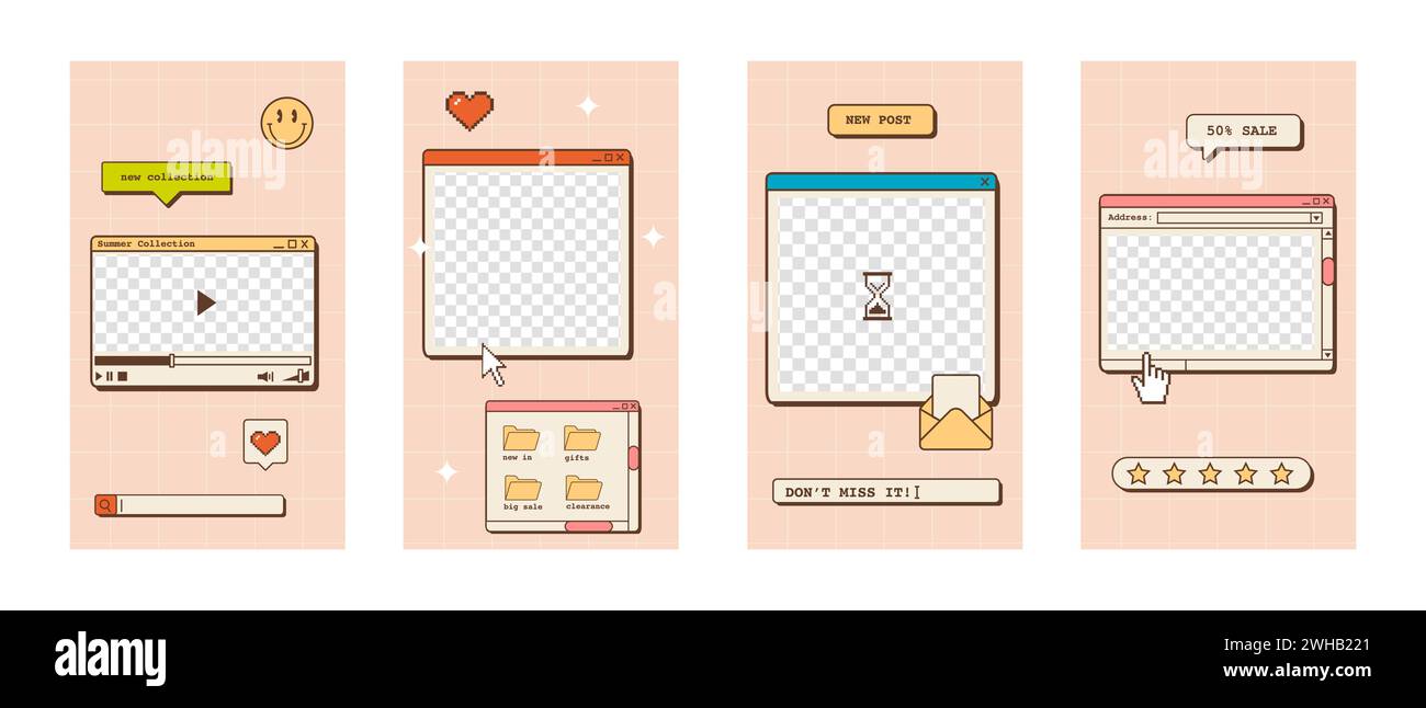 Set di modelli di storie in stile vaporwave. Design nostalgico dei post sui social media. Sfondi dal 80 design retrò anni '90, sfondi goffi e vecchi Illustrazione Vettoriale
