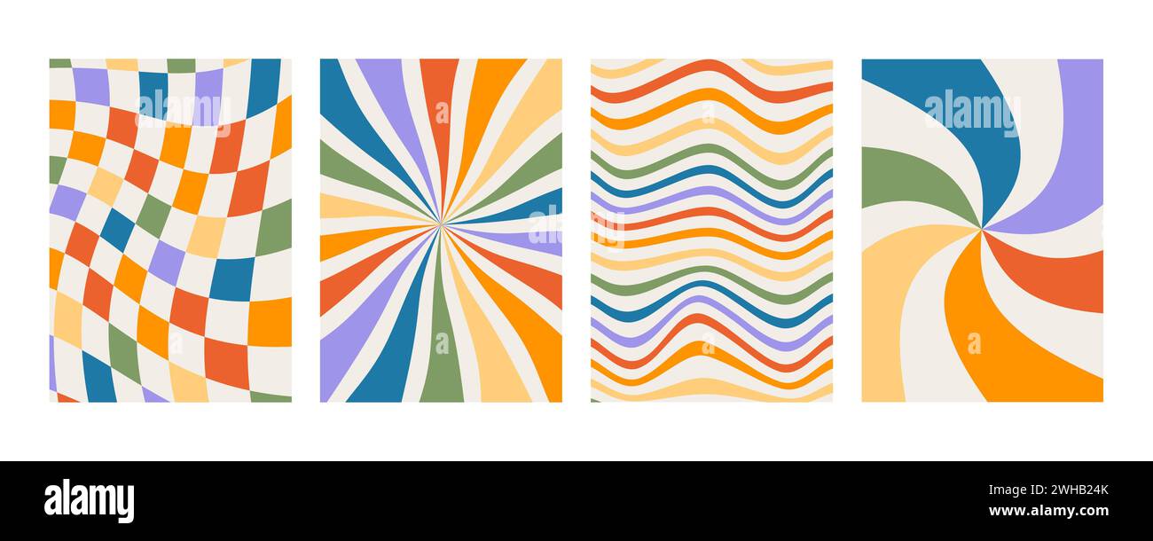 Set di stampe retrò con colori arcobaleno. Sfondo a scacchi con quadrati distorti. Poster astratto con distorsione. geometrico anni '70 Illustrazione Vettoriale