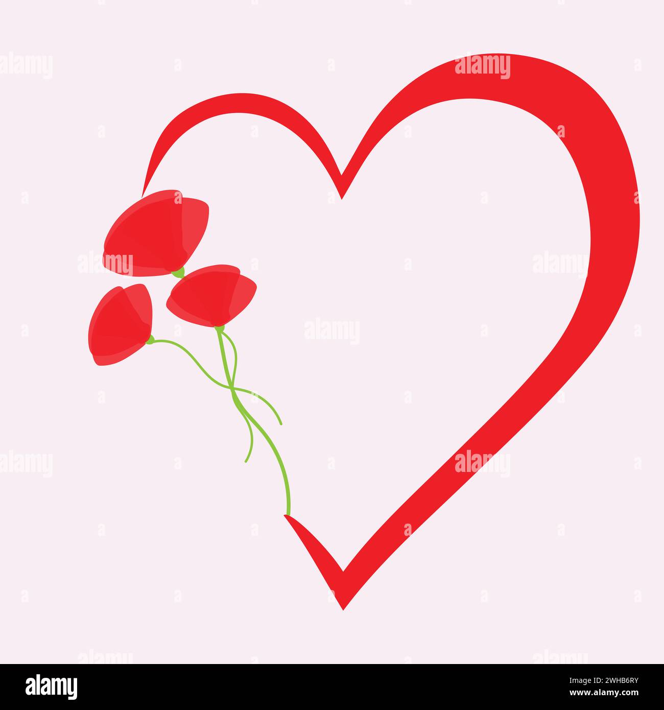 Forma a cuore rossa contorno con bouquet di tre fiori di papavero Illustrazione Vettoriale