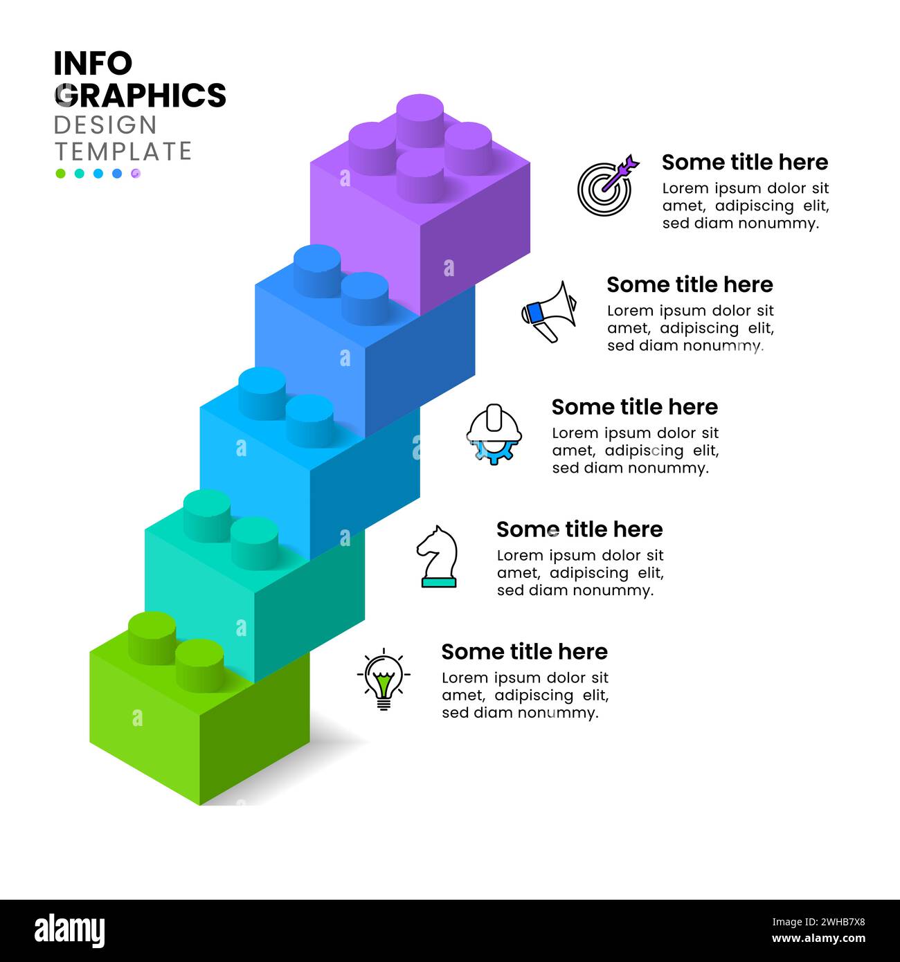 Modello infografico con icone e 5 opzioni o passaggi. Blocchi di costruzione. Può essere utilizzato per layout del flusso di lavoro, diagrammi, banner, webdesign. Illustrazione vettoriale Illustrazione Vettoriale