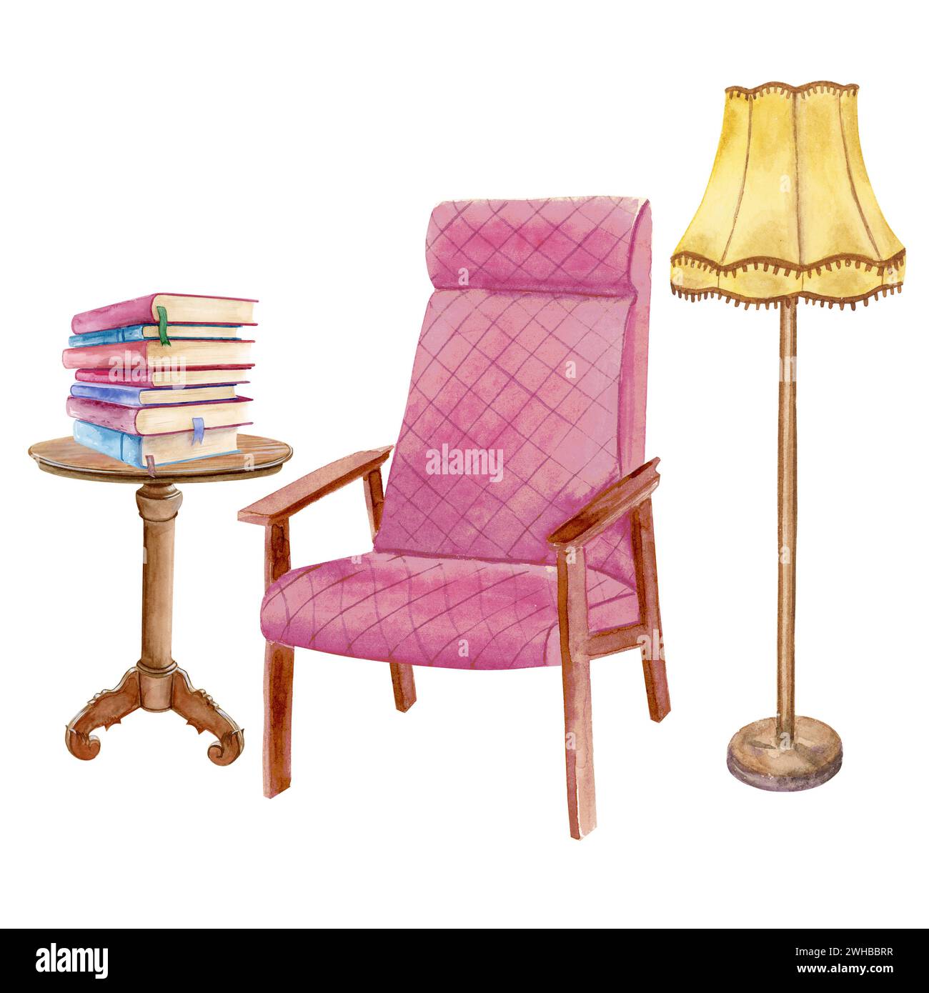 Composizione acquerello di una sedia rosa tenue, piccolo tavolo da libro con una pila di libri e una piantana gialla Foto Stock