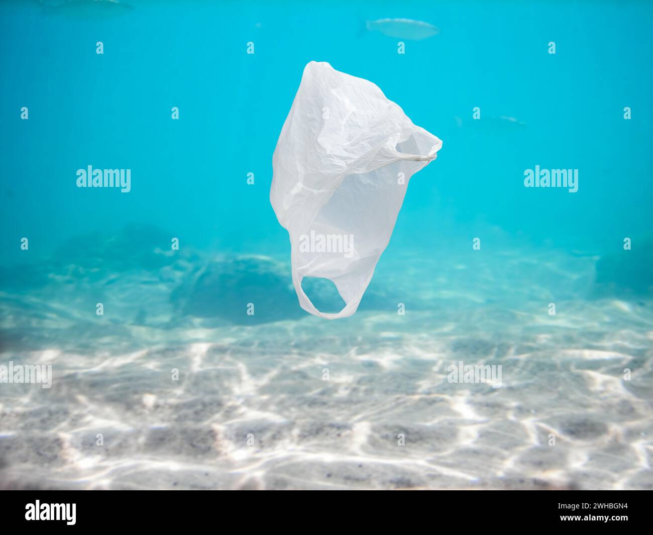 Un sacchetto di plastica si sposta nell'oceano azzurro a causa dell'inquinamento umano. (Questa borsa è stata raccolta e portata fuori dall'oceano) Foto Stock