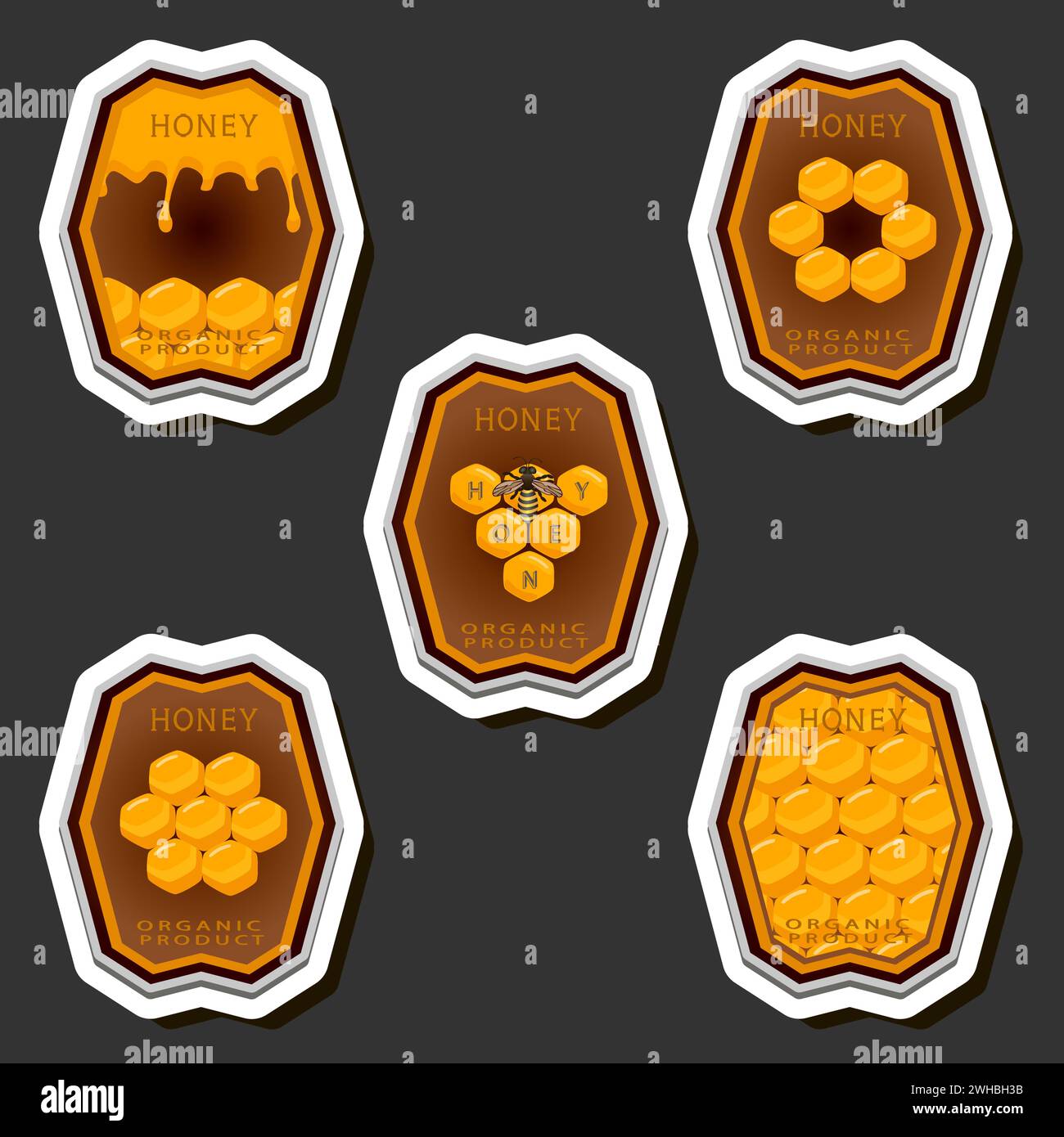 Illustrazione sul tema per l'etichetta di zucchero che scorre verso il basso il miele in favo con ape, etichetta costituita dal kit di miele appiccicoso al favo di ape, miele Illustrazione Vettoriale