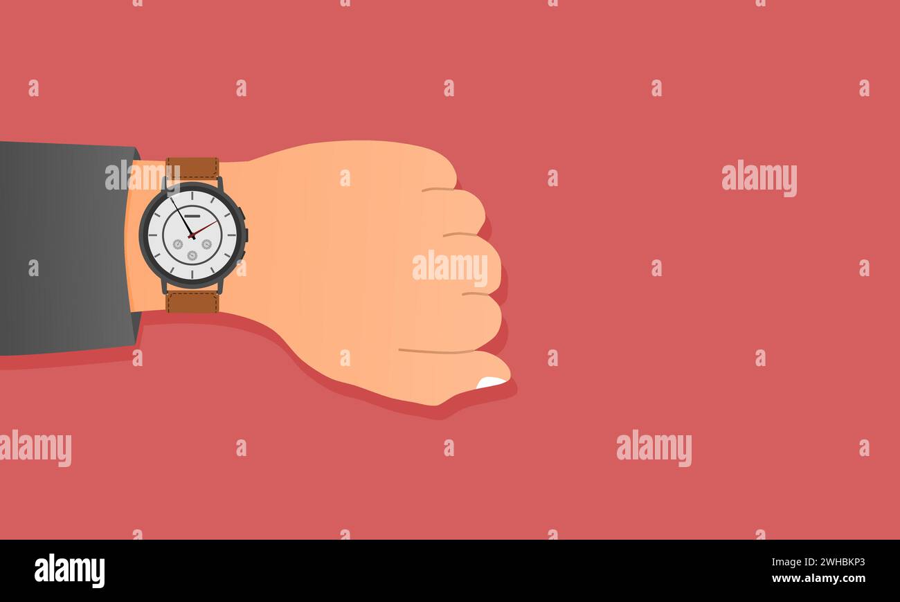 Orologio da polso sulla mano sinistra. L'uomo con l'orologio controlla l'ora. Illustrazione vettoriale. Illustrazione Vettoriale