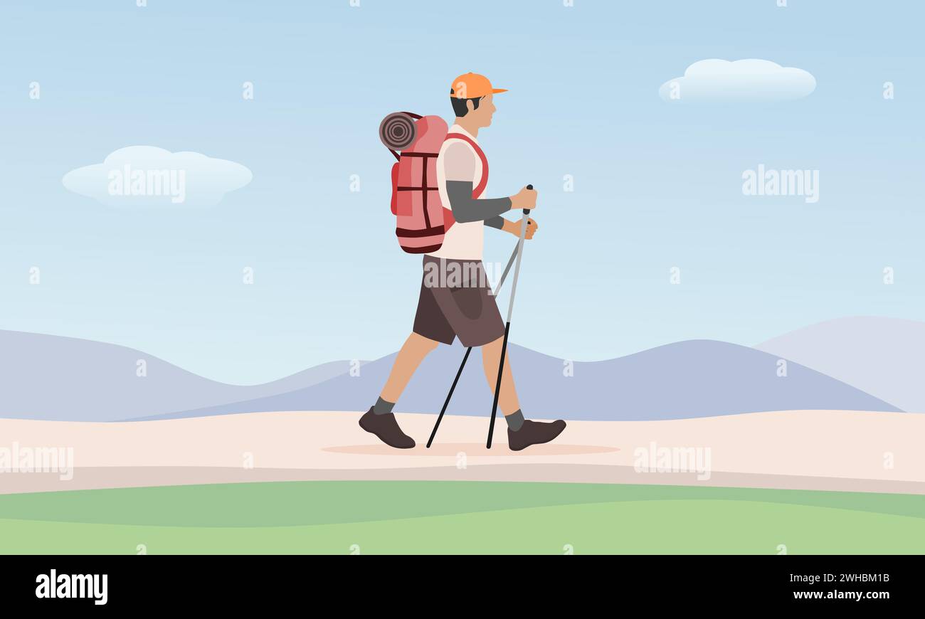 Uomo escursionista con zaino. Escursioni a piedi o a piedi. Illustrazione vettoriale. Illustrazione Vettoriale