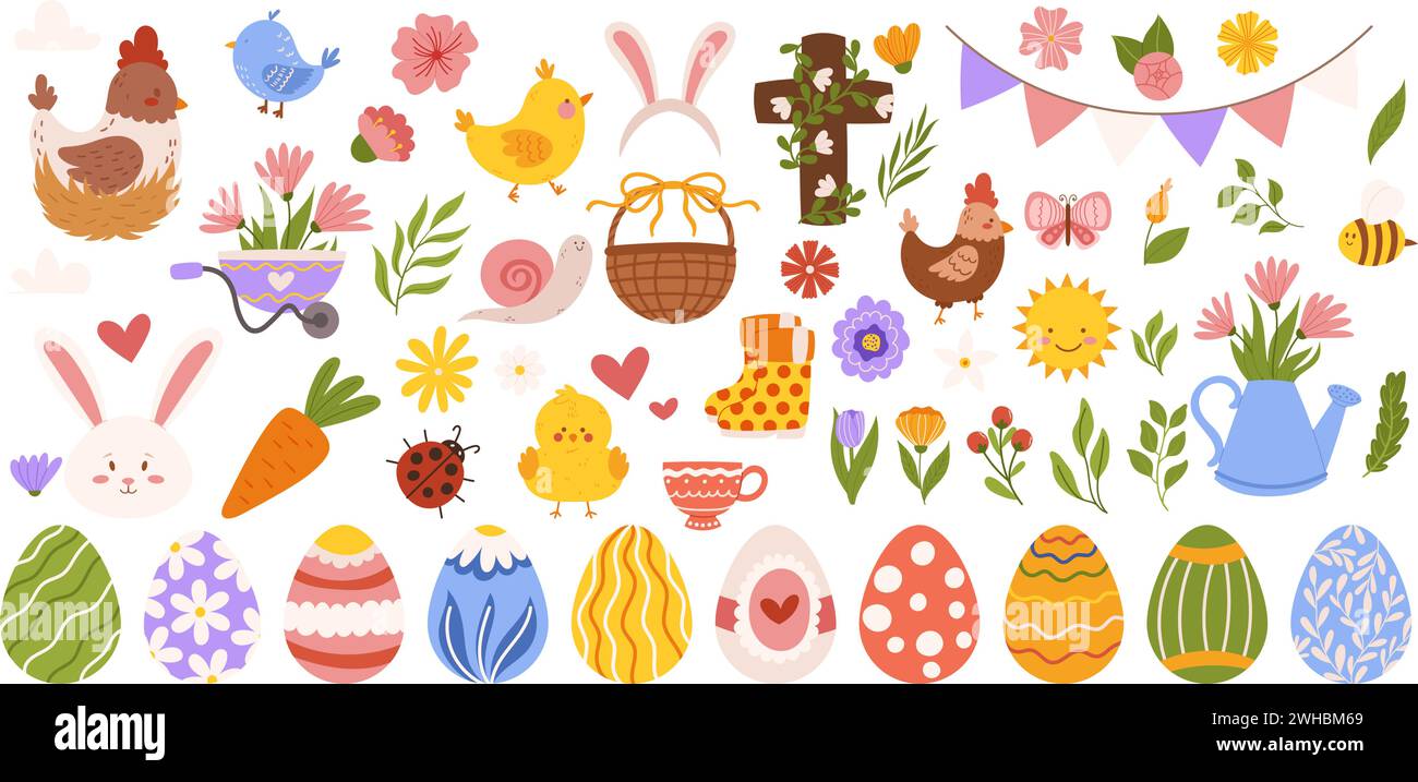 Grande collezione pasquale con diversi elementi a tema: Uova dipinte, coniglietto, polli e fiori, croce. Elementi piatti vettoriali disegnati a mano. Illustrazione Vettoriale