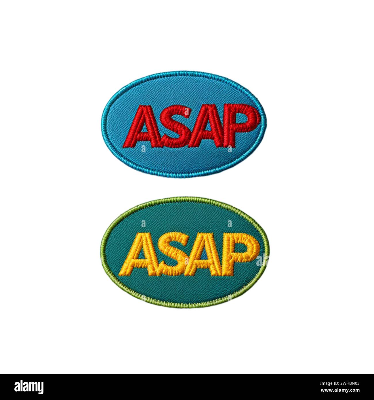 badge adesivo ricamato con la scritta "ciao" su sfondo trasparente isolato Foto Stock