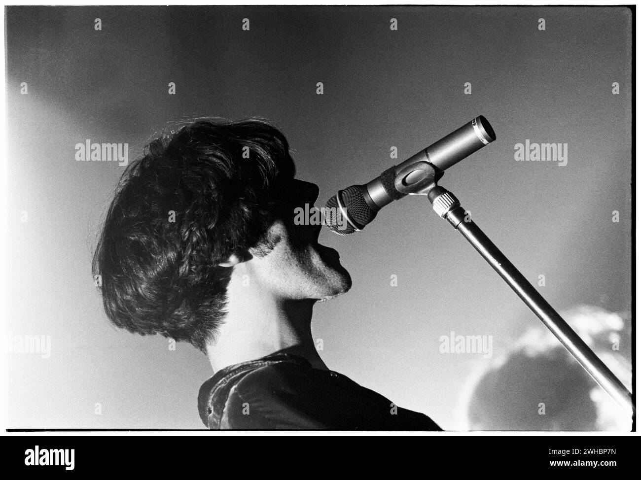 THOUSAND YARD STARE, CONCERTO, 1993: Stephen Barnes cantante della rock band Thousand Yard stare suona al Cardiff University Terminal di Cardiff, Galles, il 31 maggio 1993. Foto: Rob Watkins. INFO: 1000 Yard stare, una band indie rock britannica formata nel 1990, ha portato un suono melodico e guidato dalla chitarra. Con singoli come "Comeuppance" e "Weatherwatching", hanno contribuito alla scena indie degli anni '90. Anche se di breve durata, la loro musica rimane celebrata tra i fan dell'epoca. Foto Stock