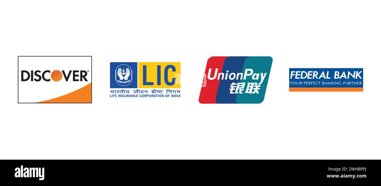 Union Pay, Federal Bank India, LIC, Discover Card. Illustrazione vettoriale, logo editoriale. Illustrazione Vettoriale