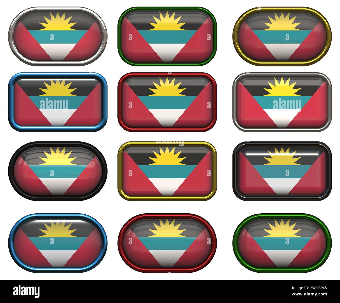Dodici bottoni della bandiera di antigua barbuda Foto Stock