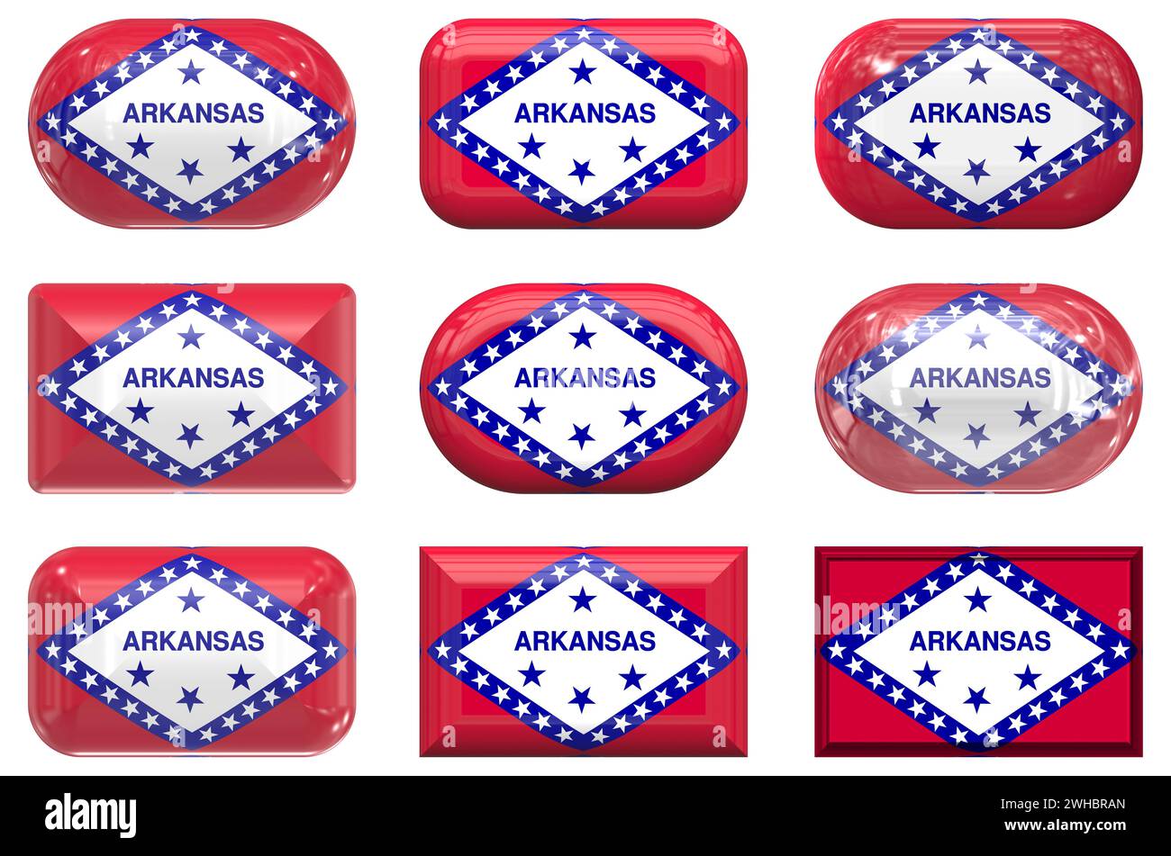 Nove bottoni di vetro della bandiera dell'Arkansas Foto Stock