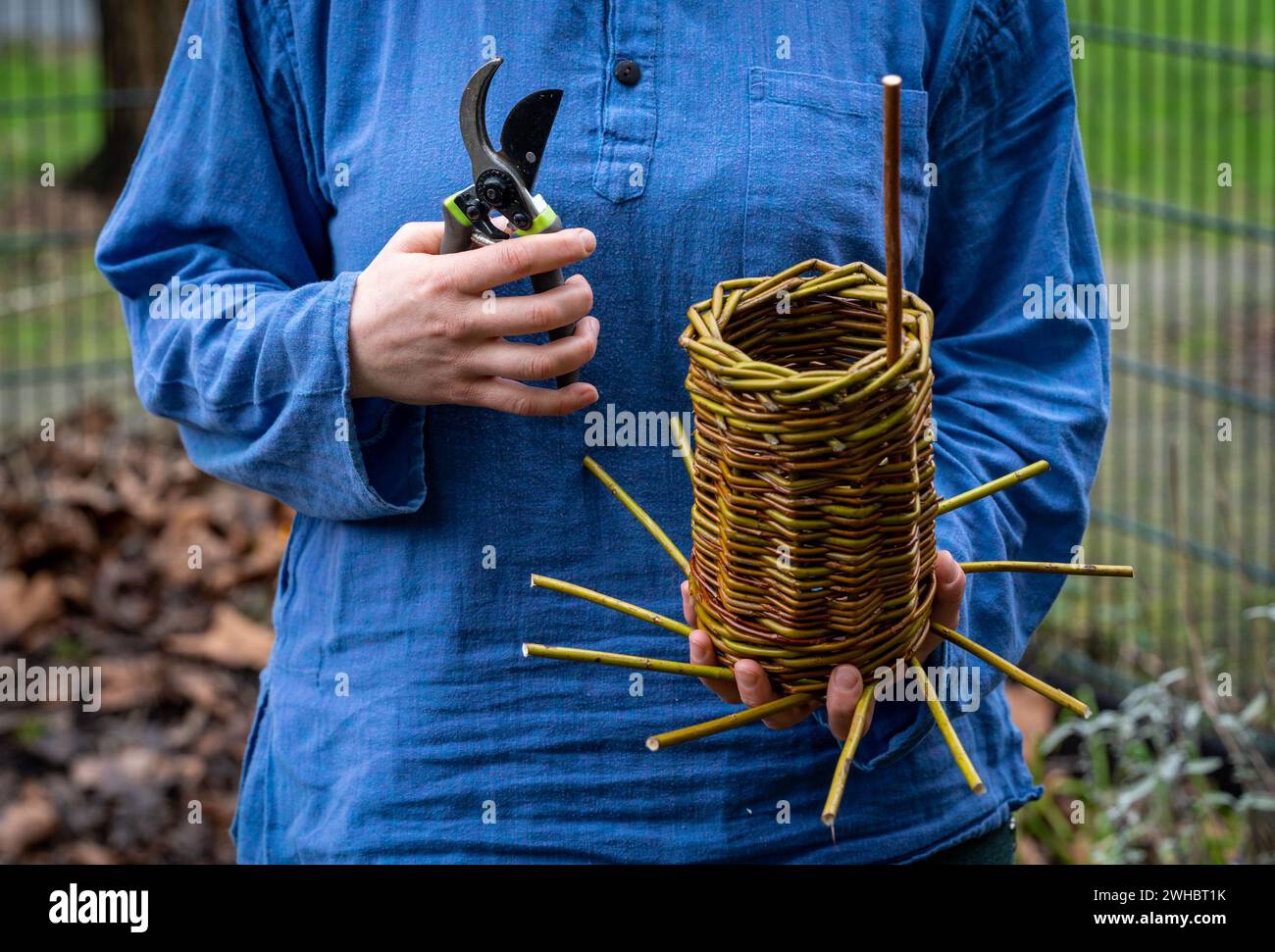 Artigiana che produce casette per uccelli intrecciate, cesto di vimini con rami di salice Foto Stock