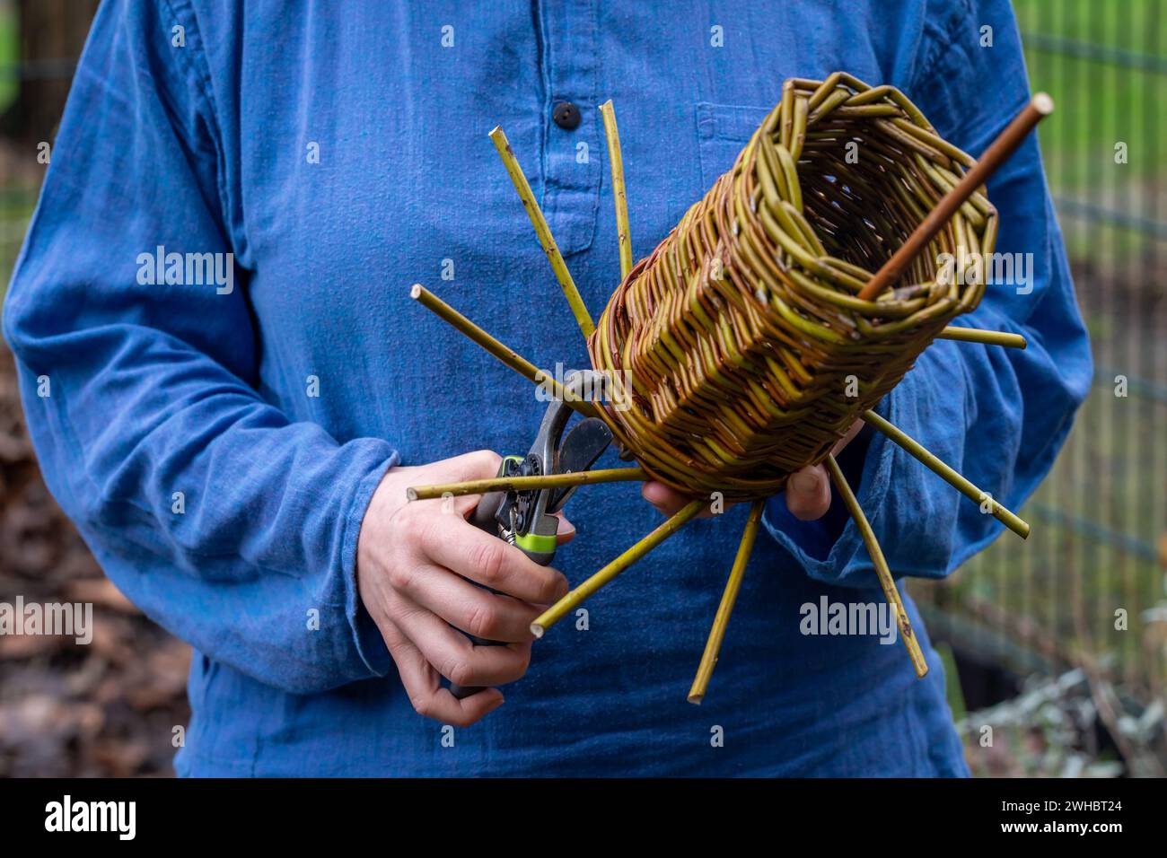 Artigiana che produce casette per uccelli intrecciate, cesto di vimini con rami di salice Foto Stock