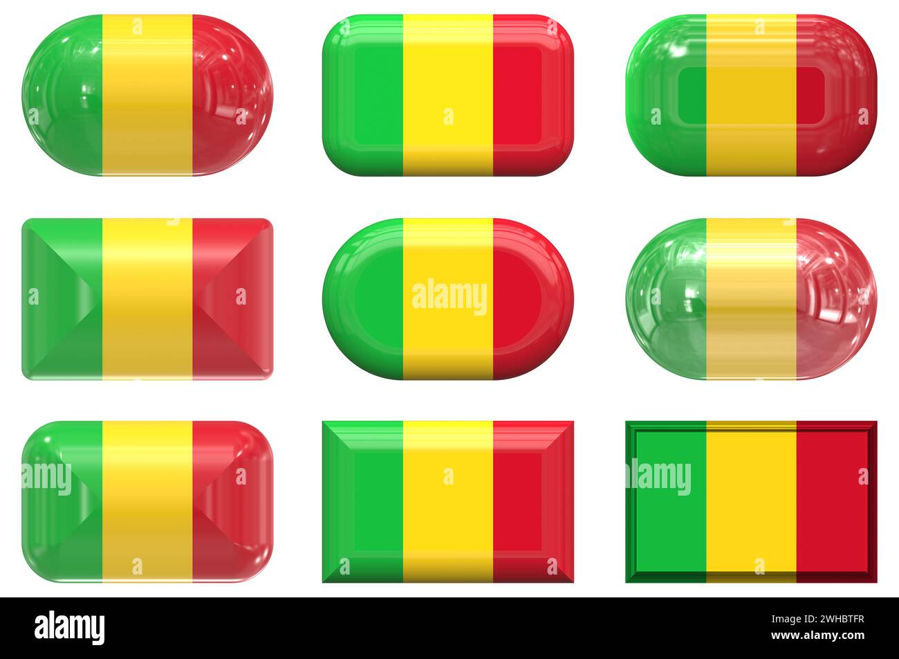 Nove bottoni di vetro della bandiera del Mali Foto Stock