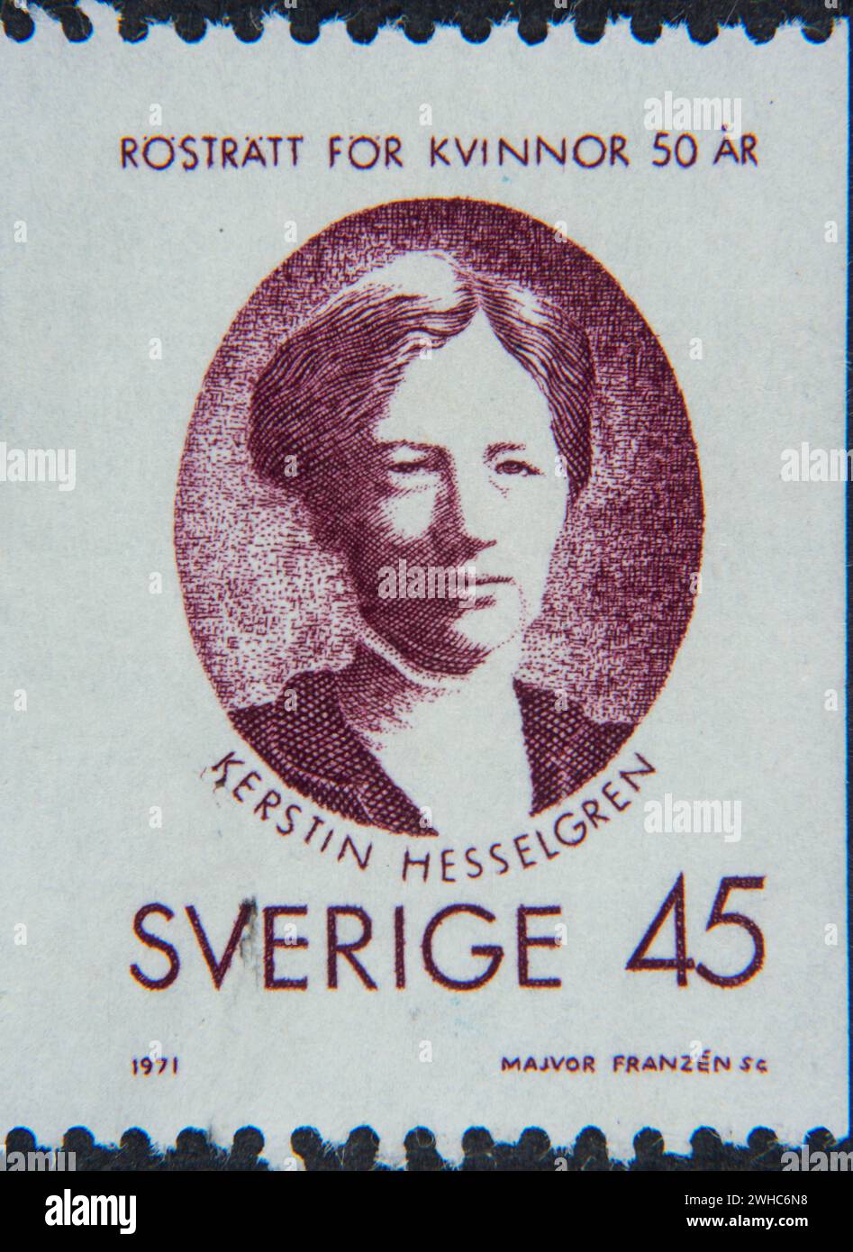 Kerstin Hesselgren, 1872 - 1962, importante politico svedese e internazionale. Ritratto su francobollo svedese Foto Stock