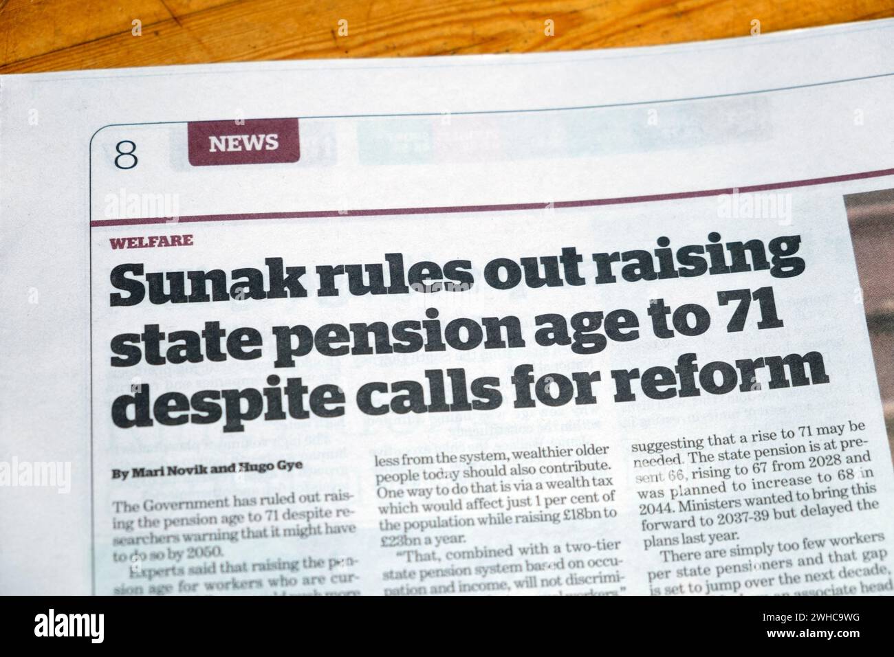 Rishi "Sunak esclude di innalzare l'età pensionabile statale a 71 anni nonostante le richieste di riforma" i titolo di giornale 6 febbraio 2024 Londra Inghilterra Regno Unito Gran Bretagna Foto Stock