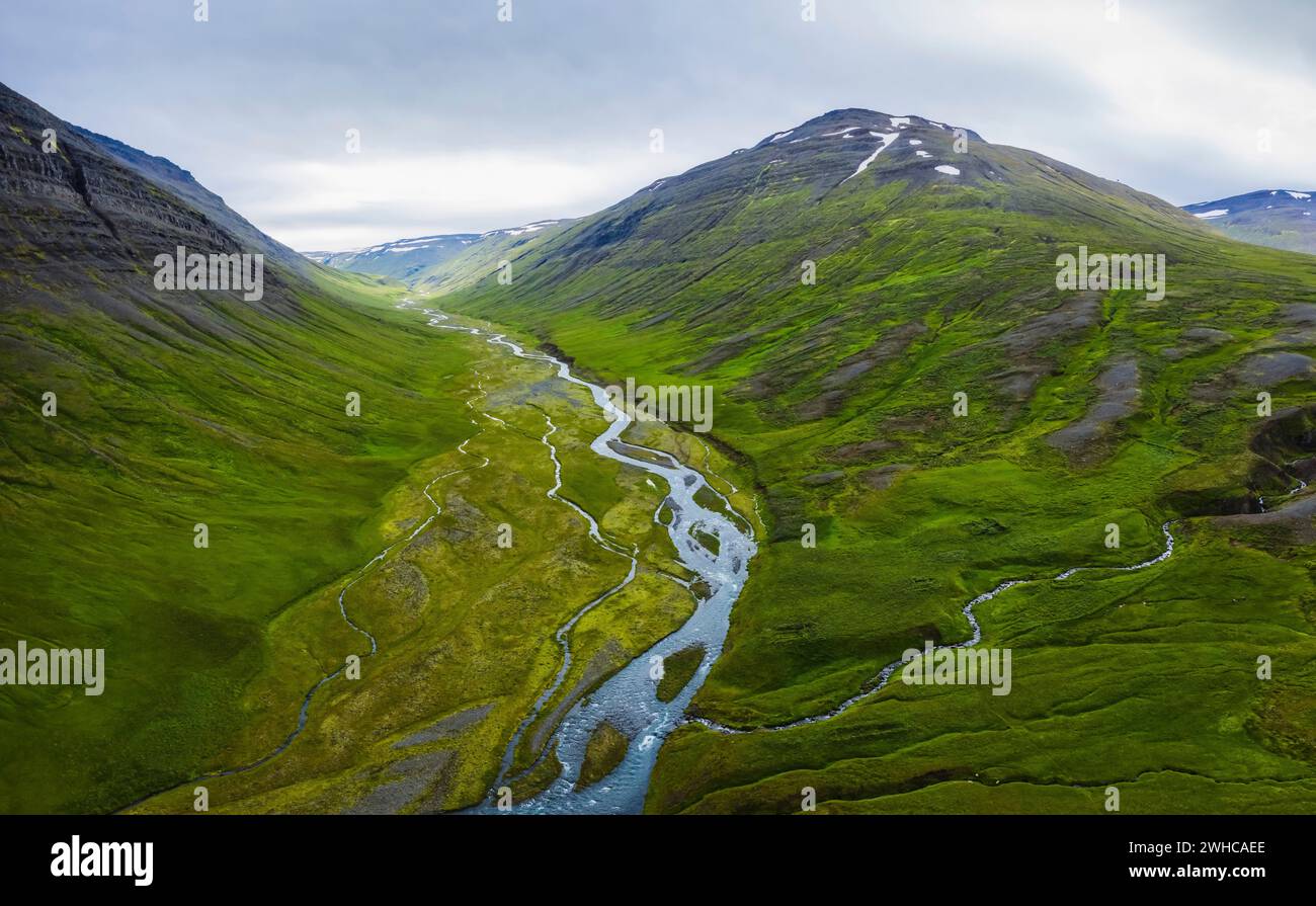 Vista aerea del fiume di montagna nella splendida valle a nord dell'Islanda durante la stagione estiva. Foto Stock