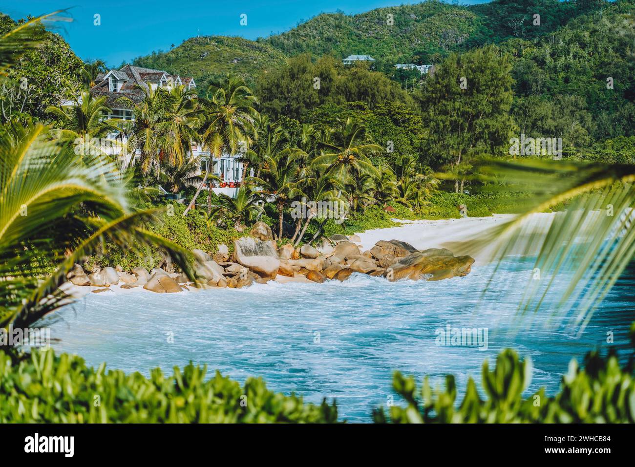 Bella spiaggia esotica Anse Intendance alle Seychelles, isola di Mahe. Destinazione vacanza. Foto Stock