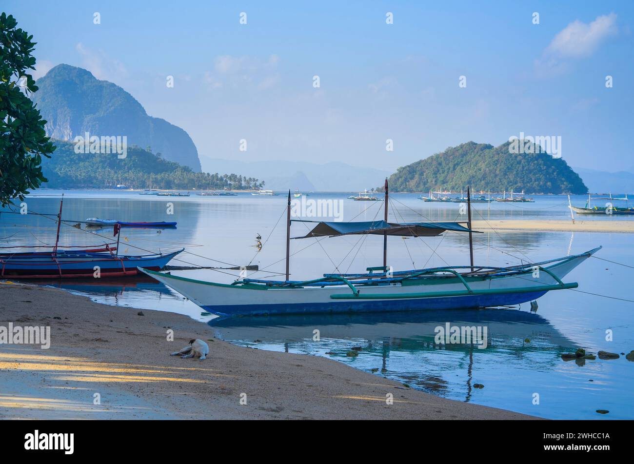 Banca tradizionale barca a Corong sabbiosa spiaggia di El Nido, Filippine. Foto Stock