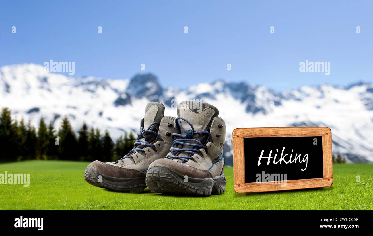 Insegna escursionistica con scarponi da montagna nel paesaggio montano Foto Stock