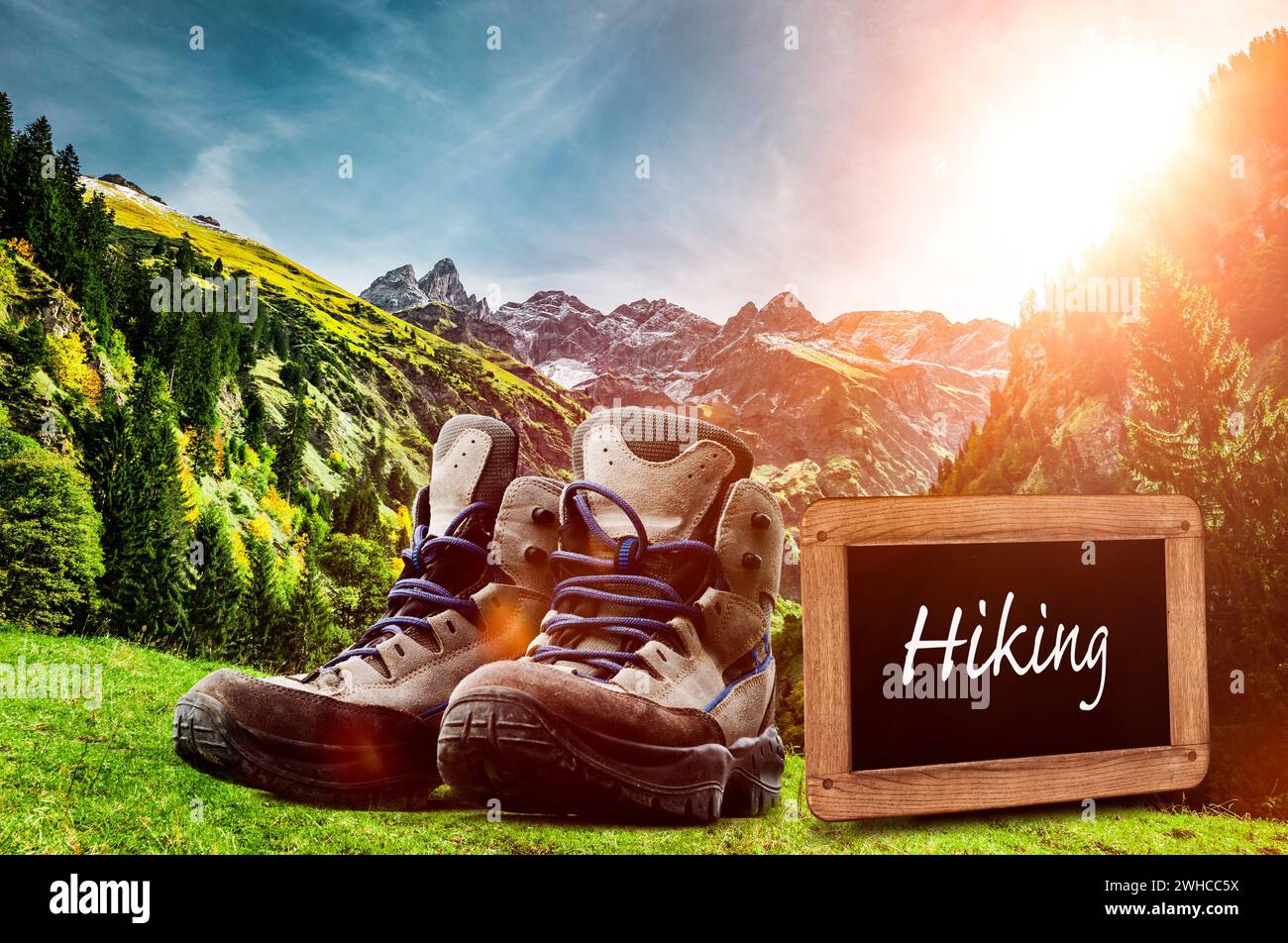 Insegna escursionistica con scarponi da montagna nel paesaggio montano Foto Stock