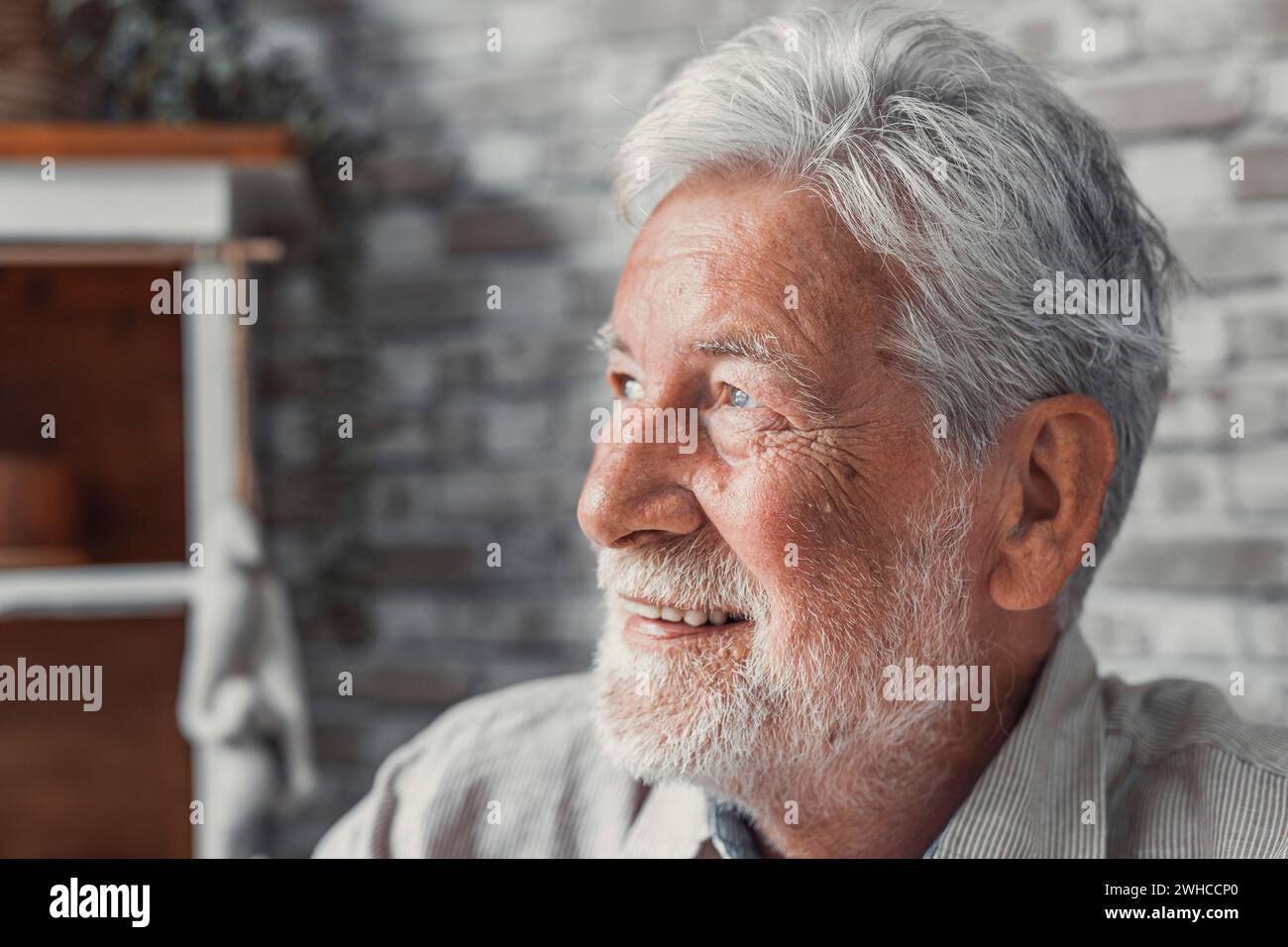 Il bell'uomo anziano sorridente che guarda la telecamera si sente felice, vista ravvicinata del viso. Senior pubblicizza clinica dentale professionale, riparazione denti e check-up servizi, copertura assicurativa medica per anziani concetto Foto Stock