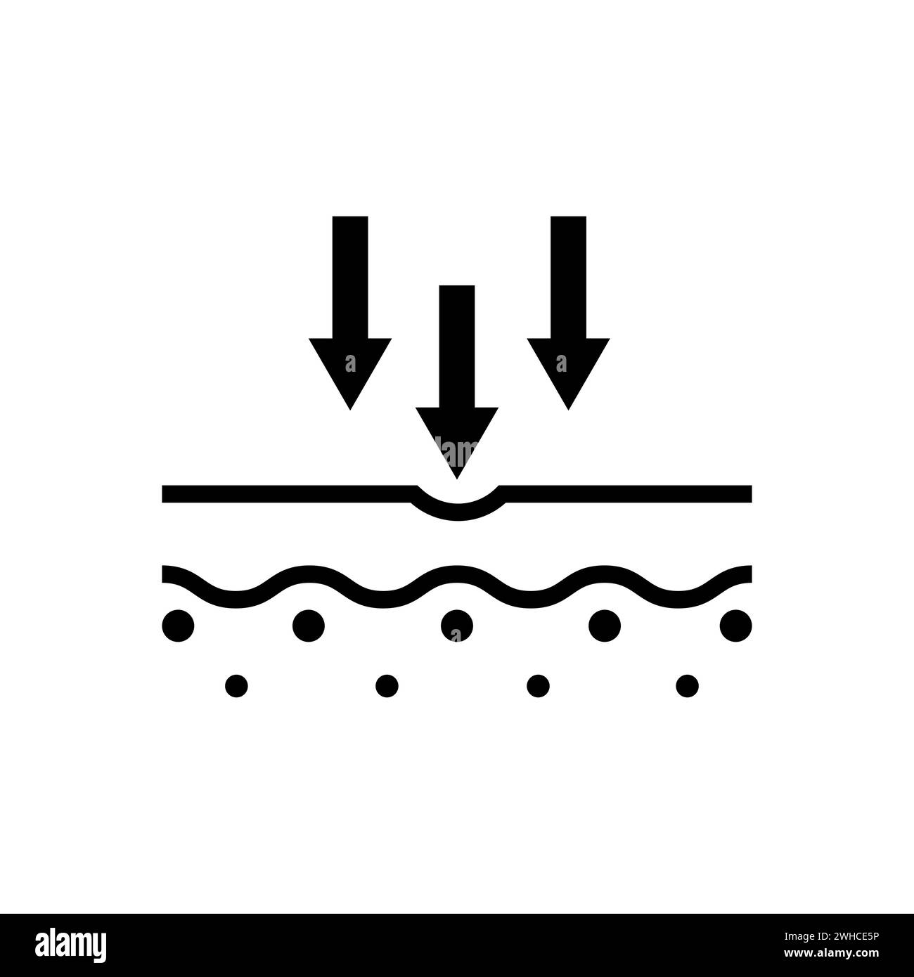 Concetto di nutrizione cutanea. Freccia verso il basso fino all'icona del livello della pelle. Penetrazione dei raggi UV nel pittogramma del glifo cutaneo. Illustrazione vettoriale. EPS 10. Immagine stock. Illustrazione Vettoriale