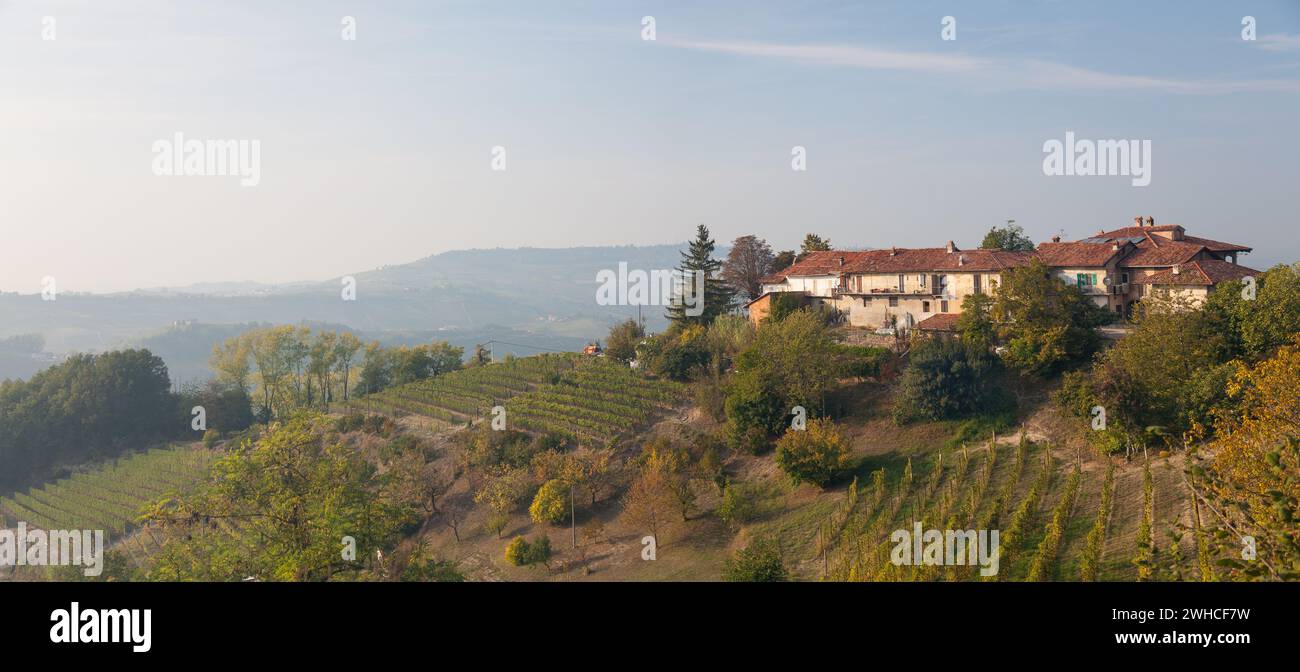 Un paesaggio autunnale nella zona vinicola delle Langhe in Piemonte Foto Stock