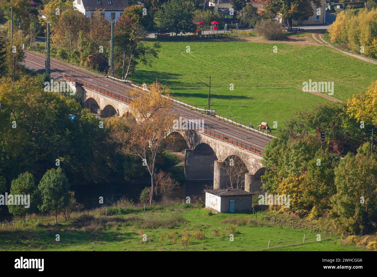 Ponte ferroviario Saaletal vicino a Bad Kösen, Naumburg, Sassonia-Anhalt, Germania, Europa Foto Stock